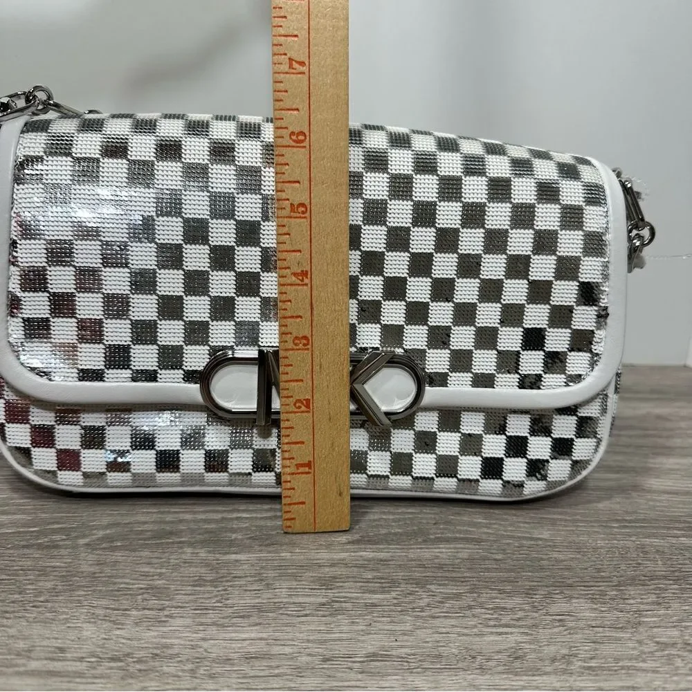 HTF MICHAEL KORS PARKER CHECK SILVER POUCHETTE CONVERTIBLE SHOULDER BAG NWT - Picture 7 of 13